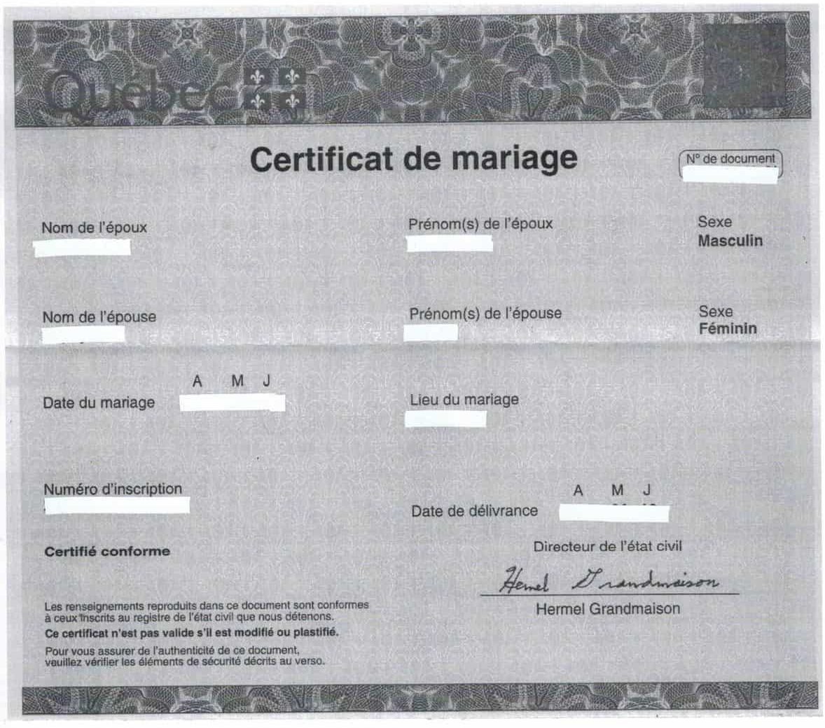 certificat de mariage ou acte de mariage au quebec